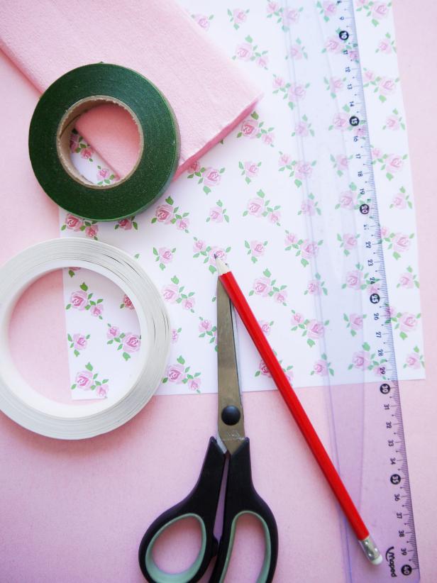 Assemble the craft materials. Print the downloadable scrapbook paper onto a piece of white A4 card stock.