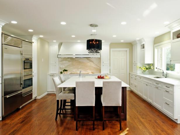 White Contemporary Kitchen With Eat-In Island 