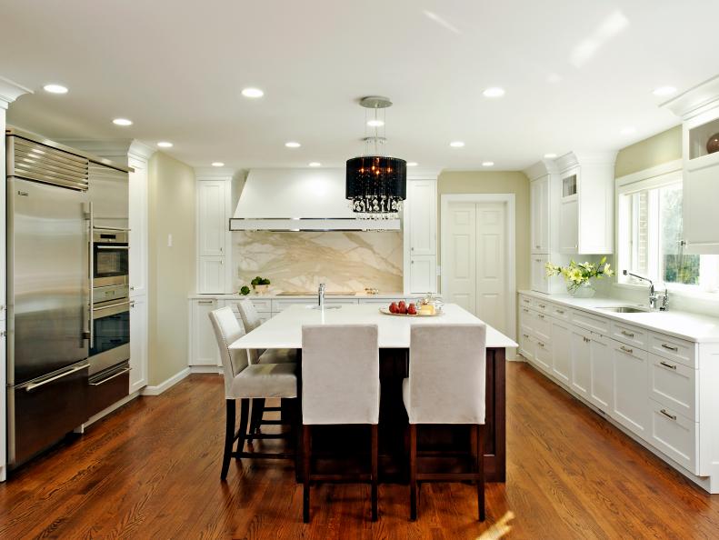 White Contemporary Kitchen With Eat-In Island 