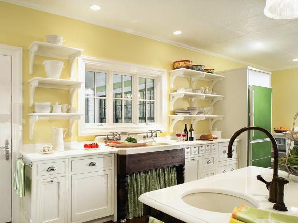 Yellow Cottage Kitchen with Green Refrigerator