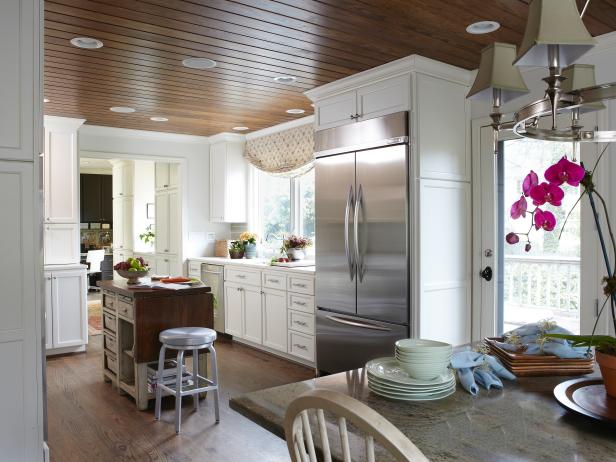 Gourmet Kitchen With White Cabinets And Wood Ceiling Hgtv