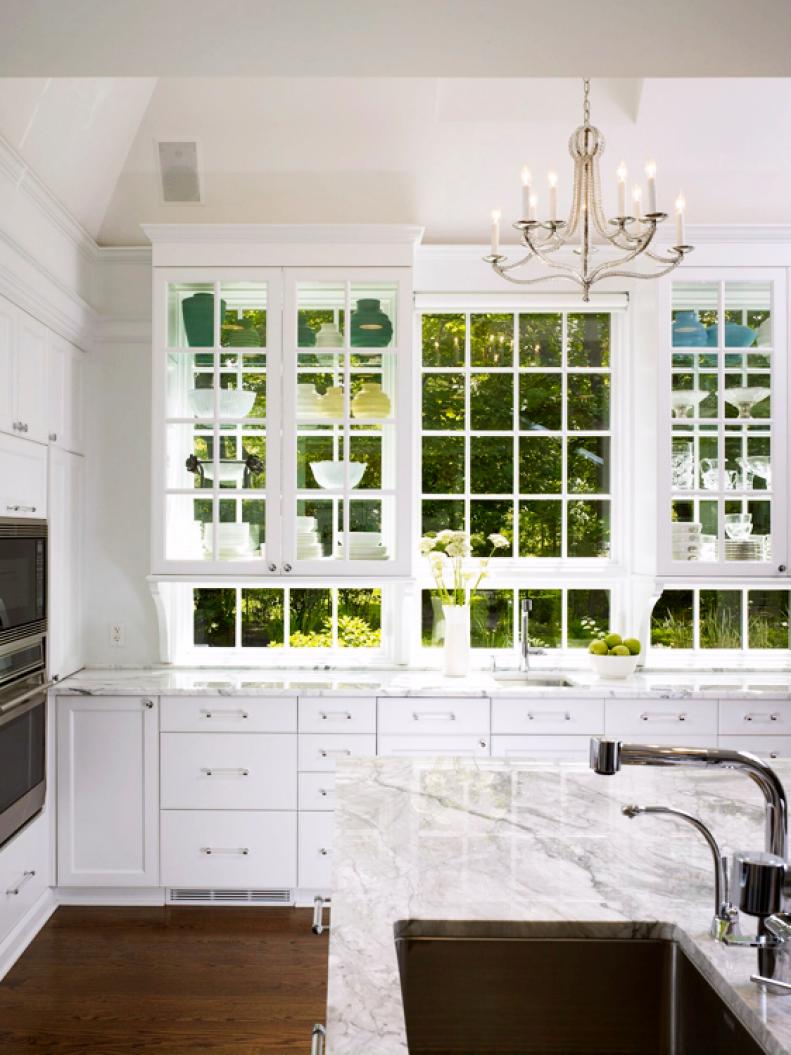 Glass Cabinets in White Kitchen