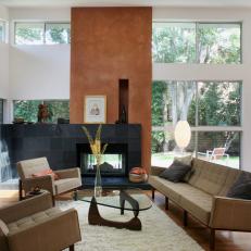 Mid-Century Living Room With Wall of Windows