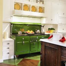White Transitional Kitchen With Vintage Green Stove
