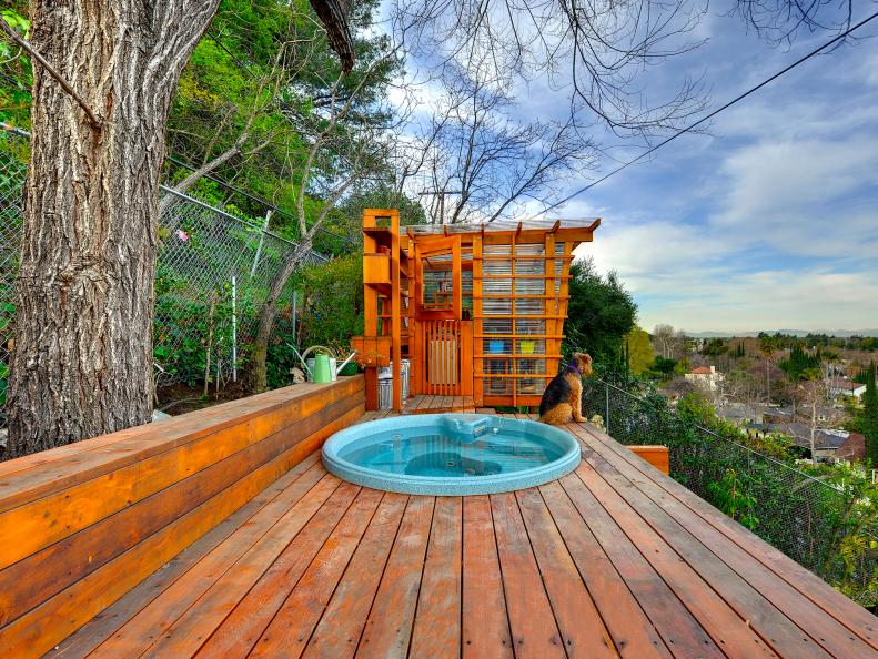 Contemporary Wood Terrace With Hot Tub, Potting Shed & City View