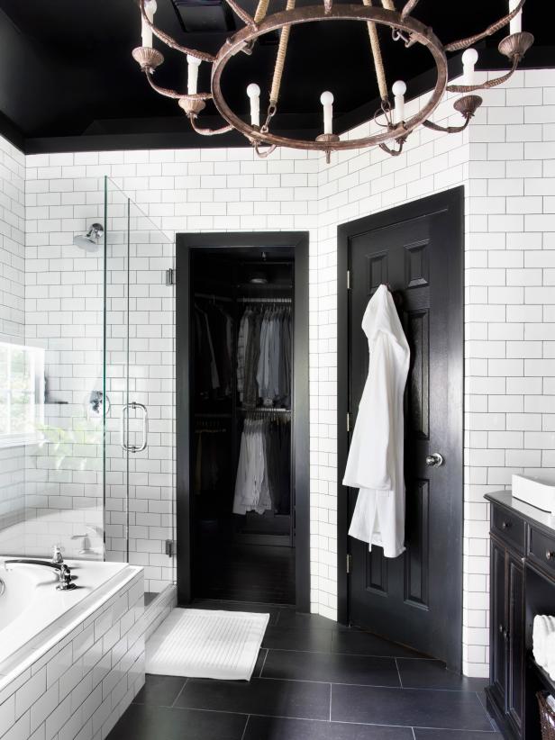 Black And White Bathroom With Subway Tile Walls Hgtv