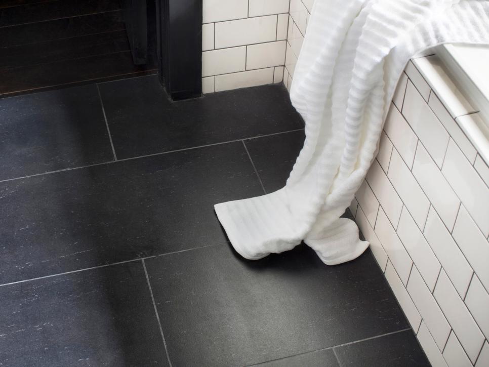 Large Scale Black Tile Flooring In, Black Floor White Subway Tile Bathroom