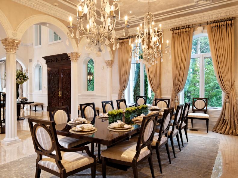 Neutral Dining Room With Chandeliers, Wood Dining Table and Chairs