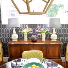 Graphic Gray Wallpaper in Midcentury Modern Dining Room