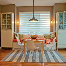 Eclectic Dining Room With Gray and White Striped Rug