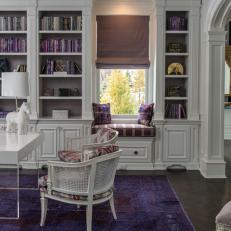 Purple and White Transitional Study With Bookshelf Walls 