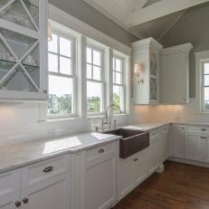 Traditional White Kitchen With Stainless Steel Farmhouse Sink 