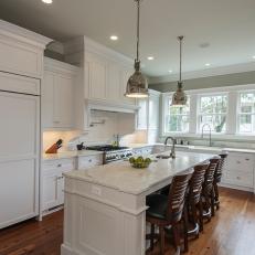 Transitional White Kitchen With Stainless Steel Pendant Lights