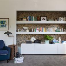 Living Room With Bold Built-In Shelving 