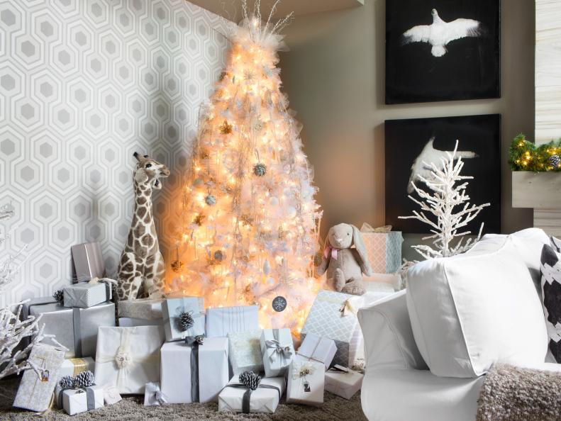 2013 Holiday House features an eight-foot-tall artificial tree completely decorated in shades of white, cream, dove gray and silver.