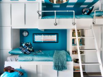 White Bunk Bed With Integrated Cabinets in Blue Boy's Room