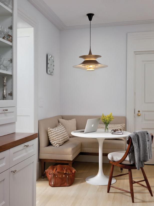White Transitional Kitchen with Banquette Seating