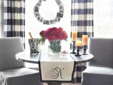 Black & White Dining Area With Monogrammed Table Runner & Red Roses