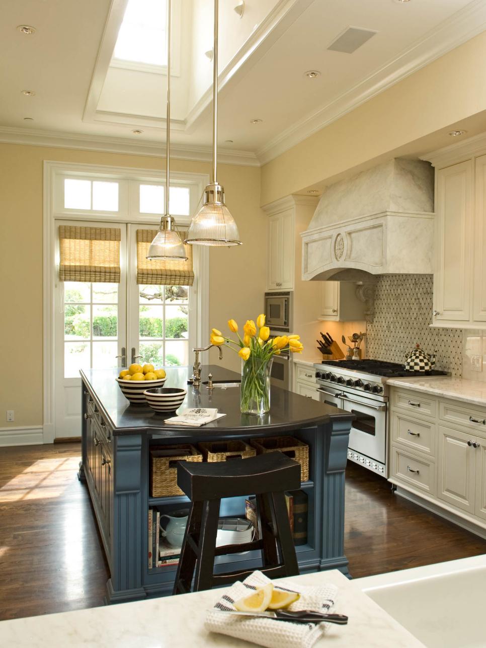 French Country Kitchen With Blue Island and Rustic Range Hood | HGTV
