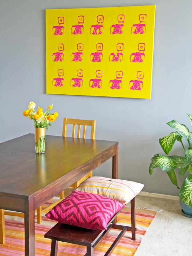 Dining Room With DIY Yellow Screenprint Art and Wood Dining Table