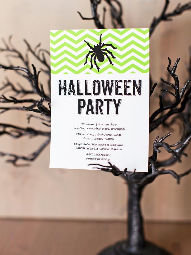 This spooky Halloween party invitation features a trendy green chevron print, creepy spider, and all the important party information.