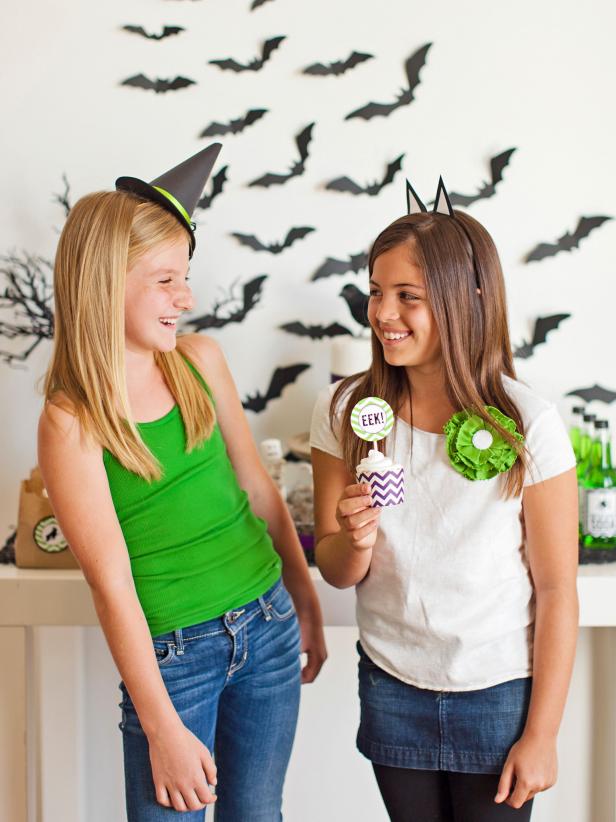 Turn plain headbands into fun Halloween party favors and costume props with card stock cat ears or a tiny witch's hat.