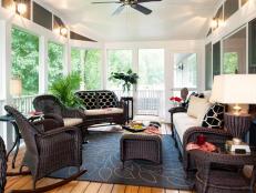 Delaware designer Shelley Rodner transforms a narrow screened porch into an inviting room with good lighting and furnishings.