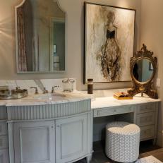 Neutral French Country Bathroom With White Marble Counters
