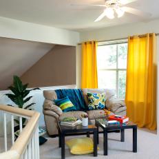 Family Room With Bright Yellow Curtains