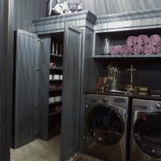 Traditional Gray Laundry Room with Open Storage