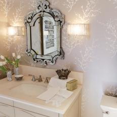 Neutral Bathroom With Patterned Wallpaper 