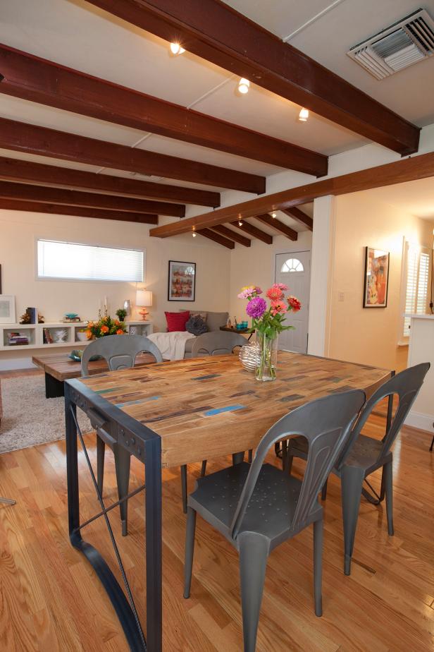 Open-Concept Dining Room With Exposed Ceiling Beams | HGTV