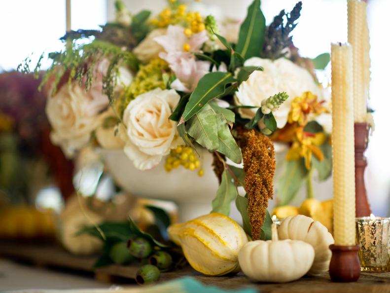 Traditional White and Yellow Floral Centerpiece With Beeswax Candles