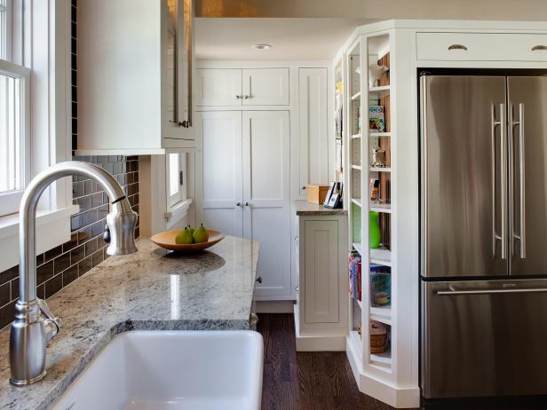 White Transitional Kitchen with Granite Countertops and Open Shelving   