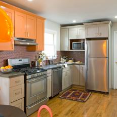 White Transitional Kitchen With Orange Cabinets