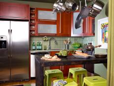 Contemporary Kitchen With Green Bar Stools 