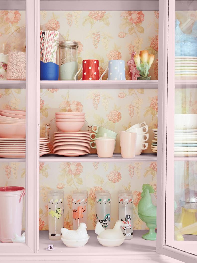 Kitchen Hutch With Floral Wallpaper 