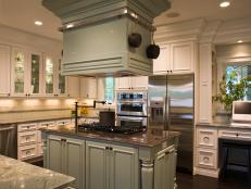 White Transitional Kitchen with Green Island and Granite Countertops