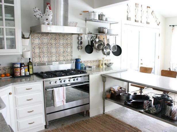 Eclectic White Kitchen With Vintage Steel Island