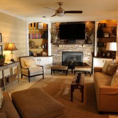 Neutral Transitional Living Room With Stone Fireplace Wall 