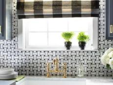 White Farmhouse Sink With Gold Faucet and Black and White Shade