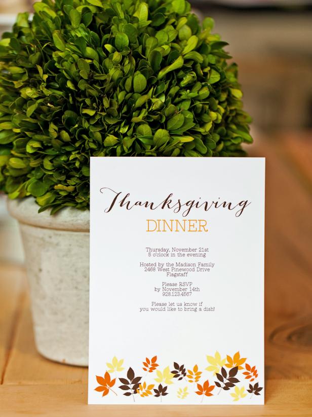 This printable Thanksgiving invitation features a brown, yellow and orange leaf design that is chic, yet casual.