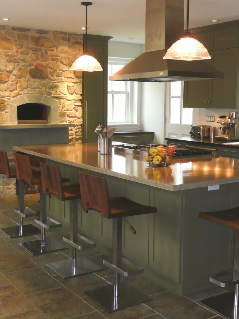 Neutral Eat-In Kitchen With Stone Oven & Contemporary Barstools