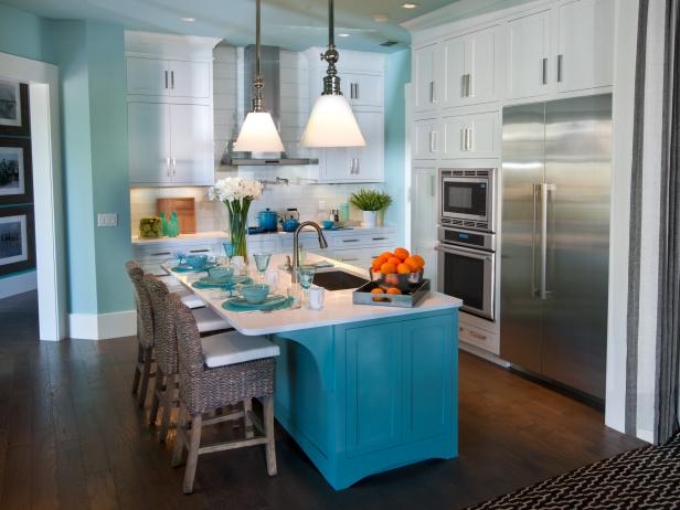 Blue Kitchen Island White Cabinets blue coastal kitchen with large island and white cabinetry