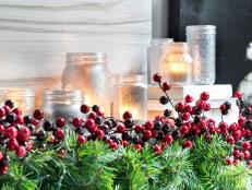 Faux-Painted Mason Jars, Red Berries and Green Winter Garland