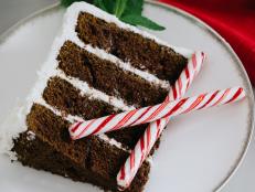 Slice of Gingerbread Cake With Candy Cane Garnish