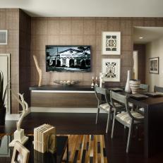 Brown Living Room With Space-Saving Dining Table and Global Accents