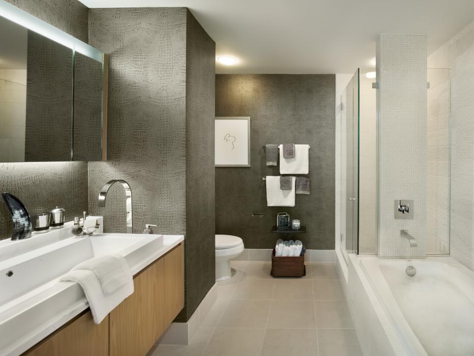 Modern Bathroom With Textured Gray, Modern Bathroom Wallpaper