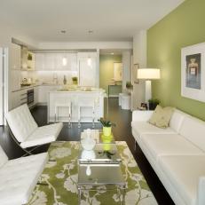 Apple-Green and White Modern Living Room and Kitchen