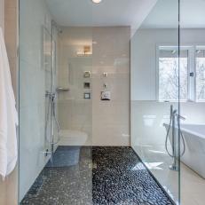 Contemporary White Shower With Pebble Floor